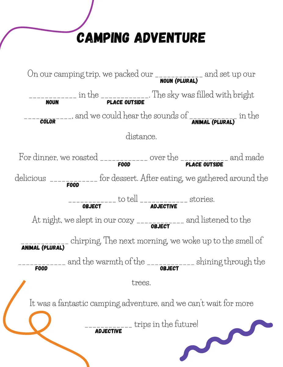 Family Fun Day Camp, Wacky Wednesday theme — bonus Camping Adventure Mad Libs page